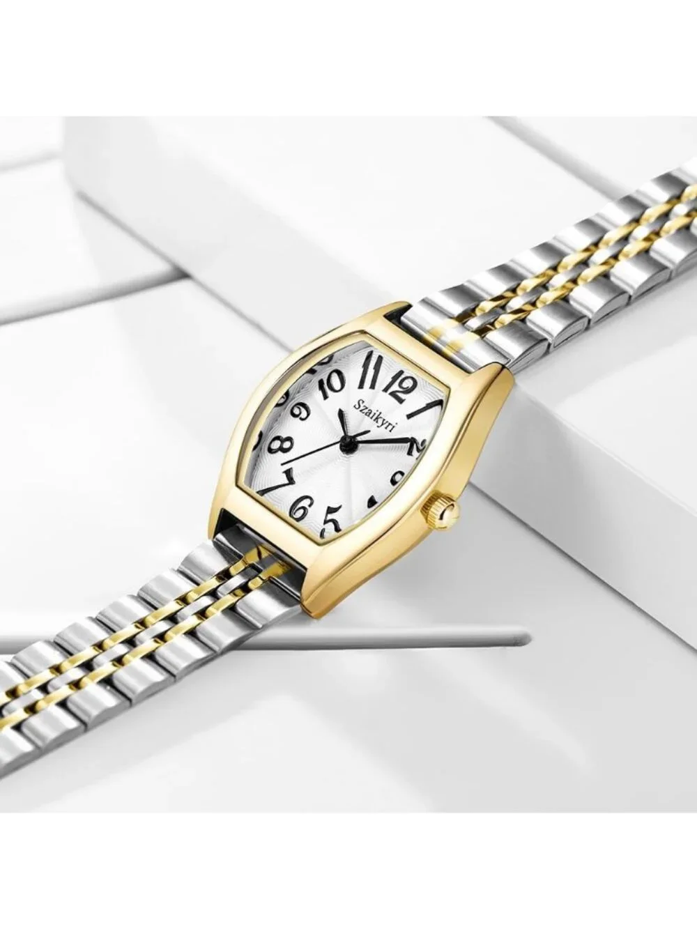 Women's Silver & Gold-Black  Barrel-Shaped Easy Read Arabic Numerals Dress Watch